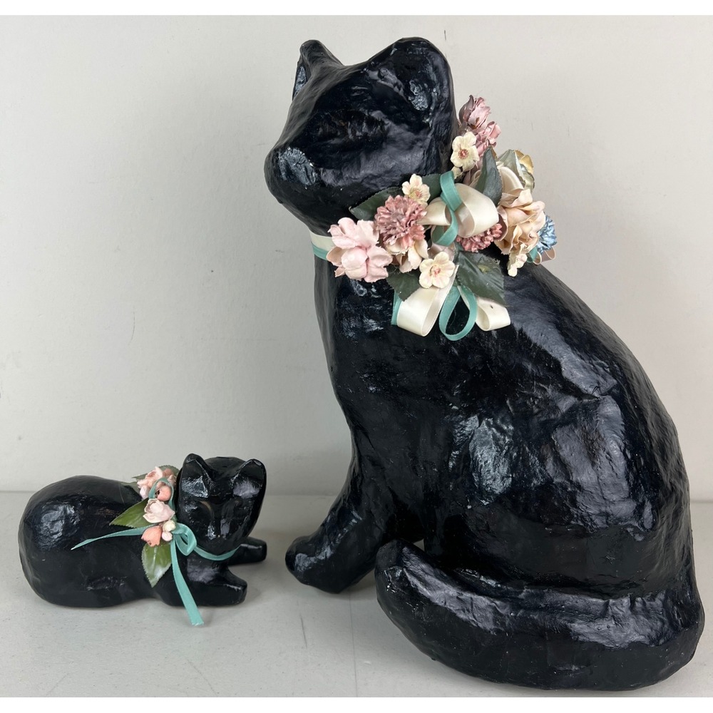 Vintage Paper Mache Black Cat Halloween Figurine Set Large Sitting Cat & Kitten